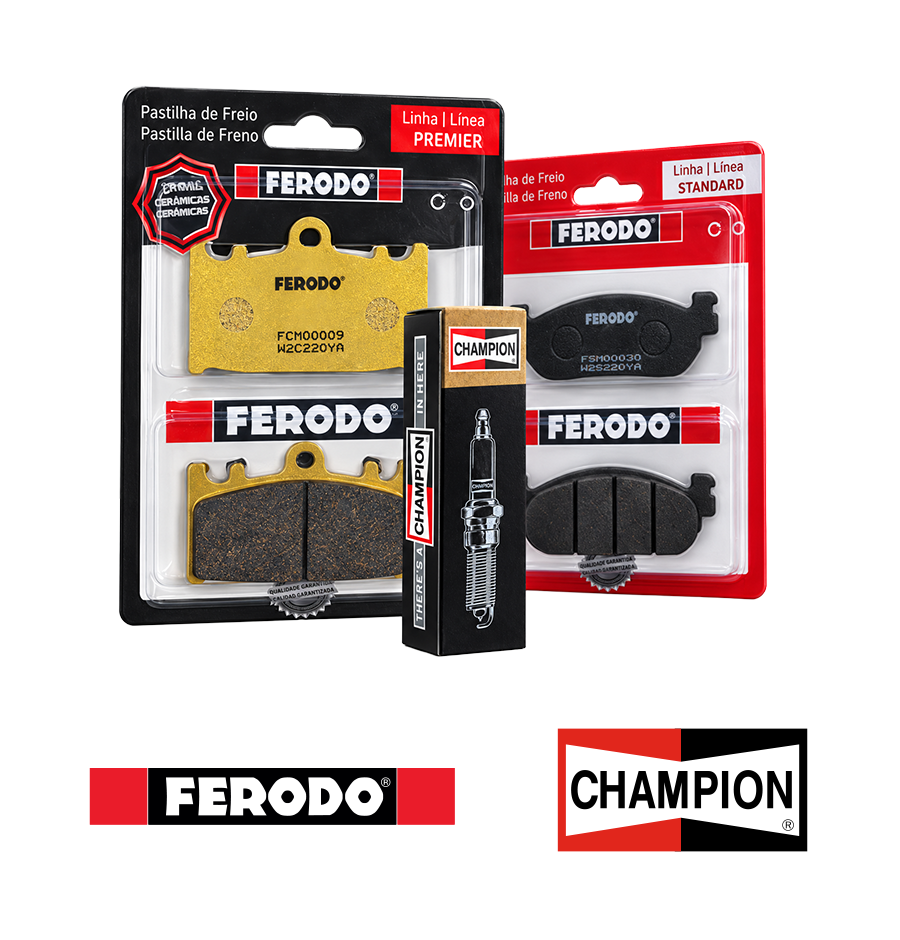Pastilhas de freio Ferodo Premier e Standard e vela de ignição Champion, com os logos das duas marcas